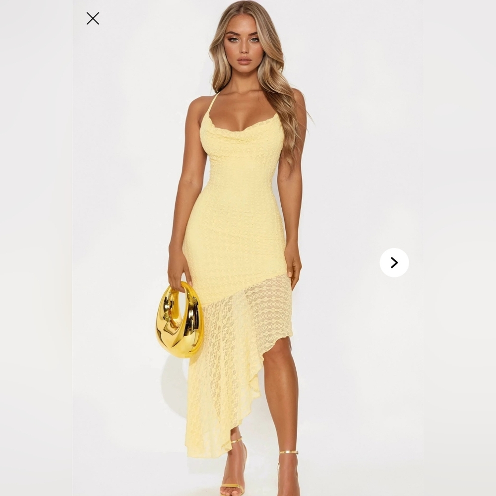 Send Me Flowers Asymmetrical Lace Midi Dress - Yellow